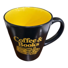 Load image into Gallery viewer, Coffee & Books coffee mug! Black exterior with yellow inner. Beautiful mug!
