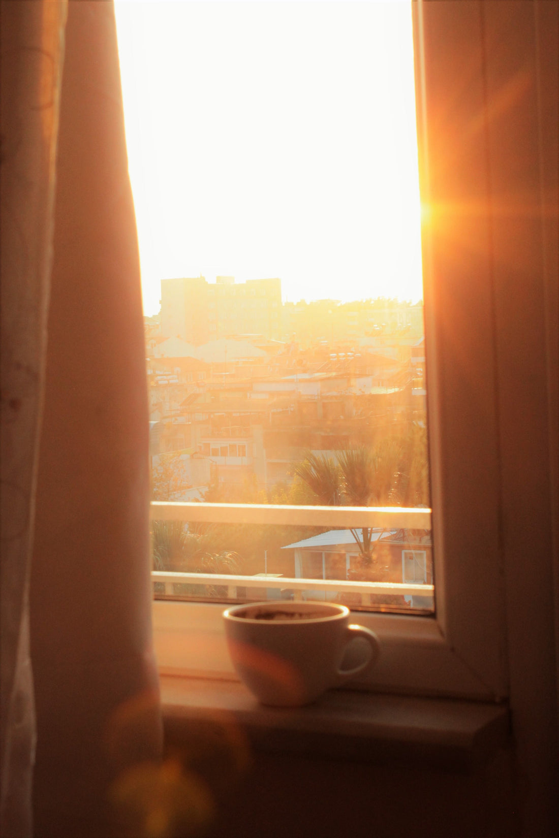 A cup of coffee beside a window in warm morning sunlight