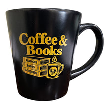 Load image into Gallery viewer, Coffee &amp; Books coffee mug! Black exterior with yellow inner. Beautiful mug!
