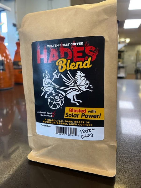 A 12 oz bag of Solar Roast Hades Blend dark roast coffee